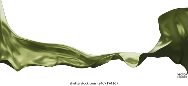 Flying Olive green silk textile fabric flag background. Smooth elegant green Satin Isolated on white Background for grand opening ceremony. Green curtain. 3d vector illustration