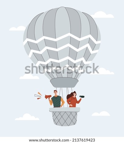 Flying on air balloon. Man with loudspeaker and girl with binoculars, flights and travel. Decoration for invitation and greeting cards. Romantic dates, adventure. Cartoon flat vector illustration