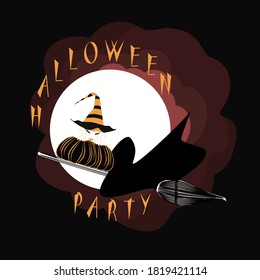 Flying on a broom witch moon and clods on a black background Vector illustration Halloween party in Paper cat style for poster invitation greeting card