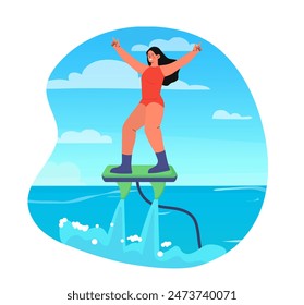 Flying on flyboard. Woman in red swimsuit skates through water. Active lifestyle and extreme sports. Tourist in tropical countries on sea. Cartoon flat vector illustration isolated on white background