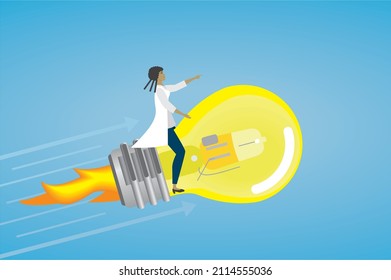 Flying on light bulb rocket. Vector illustration. 
