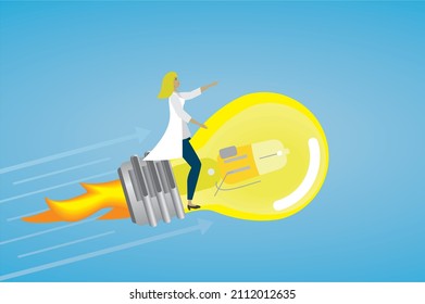 Flying on light bulb rocketship. Vector illustration. EPS10.