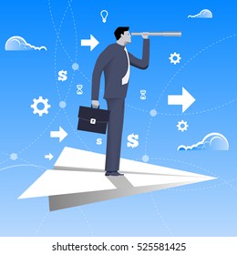 Flying on paper plane business concept. Confident businessman in business suit with case and looking glass flying on paper plane. Searching for opportunities, looking for solution.