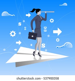 Flying on paper plane business concept. Confident business woman in business suit with case and looking glass flying on paper plane.