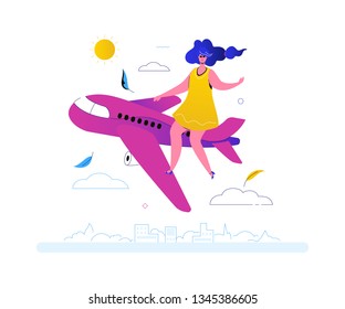 Flying on a plane - colorful flat design style illustration on white background. A bright composition with a female character, cute girl going on vacation by airplane. Traveling and tourism concept