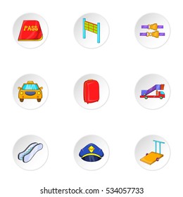 Flying on plane icons set. Cartoon illustration of 9 flying on plane vector icons for web