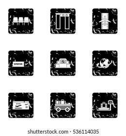 Flying on plane icons set. Grunge illustration of 9 flying on plane vector icons for web