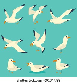 Flying, on the water and standing seagulls cartoon set. Vector flat birds icons isolated on blue background.