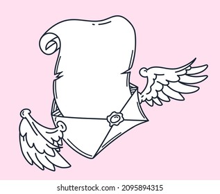 sobre alas sobre papel abierto con letra, correo con papel, esquema dibujado a mano ilustración vectorial