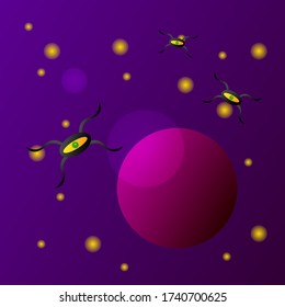 flying one-eyed aliens Against the background of the night starry sky and a mysterious planet, the concept of extraterrestrial civilizations wallpaper for design