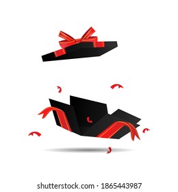 Flying open black gift box with red ribbons design isolated on white background