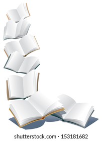 Flying open books over abstract white background