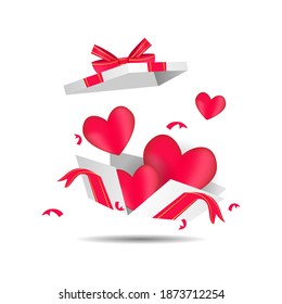Caja de regalo abierta volando con diseño de globos cardíacos aislados en fondo blanco