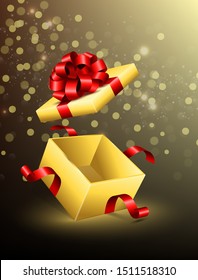 Flying opened gift box with red ribbons