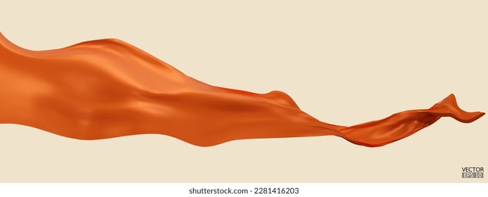 Fliegende orangefarbene Seide, Stofffahne, Hintergrund. Raffinierter, eleganter orangefarbener Satin einzeln auf Hintergrund für große Eröffnungszeremonie. orangefarbener Vorhang. 3D-Vektorgrafik.