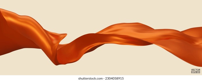 Flying orange silk textile fabric flag background. Smooth elegant orange Satin Isolated on beige Background for grand opening ceremony. Orange curtain. 3d vector illustration