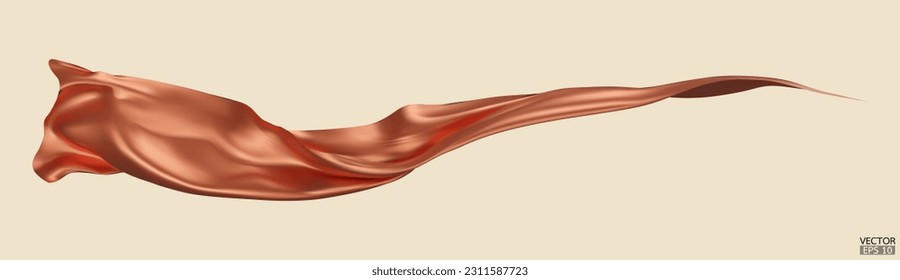 Flying orange silk textile fabric flag background. Smooth elegant orange Satin Isolated on beige Background for grand opening ceremony. Orange curtain. 3d vector illustration