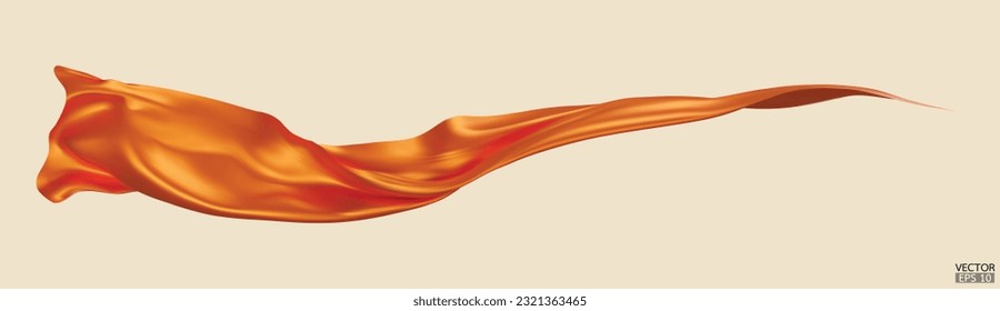 Flying orange silk textile fabric flag background. Smooth elegant orange Satin Isolated on beige Background for grand opening ceremony. Orange curtain. 3d vector illustration