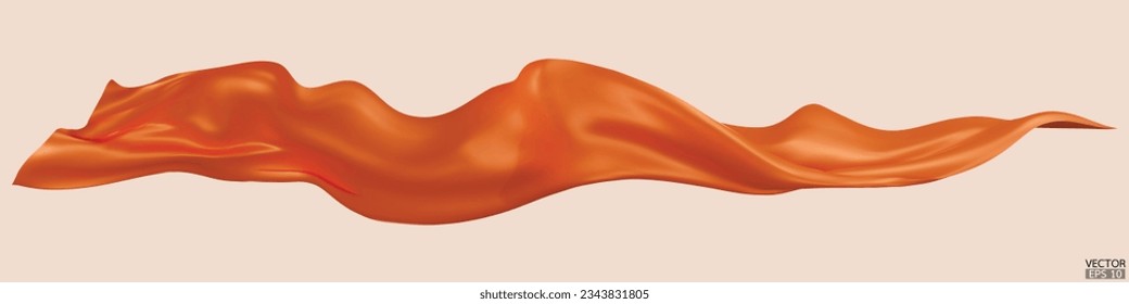 Flying orange silk textile fabric flag background. Smooth elegant orange Satin Isolated on beige Background for grand opening ceremony. Orange curtain. 3d vector illustration