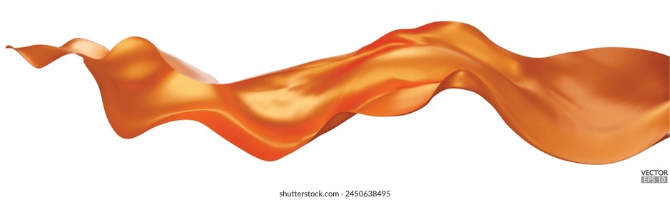 Flying orange silk textile fabric flag background. Smooth elegant orange Satin Isolated on white Background for grand opening ceremony. Flying orange silk vertical image. 3d vector illustration