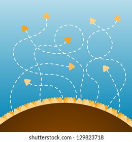Flying orange triangles with white traces on blue background