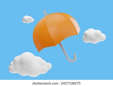 Flying orange umbrella and clouds in the sky. 3D render weather forecast icon. Insurance protection or safety concept. Cartoon vector render illustration on blue background