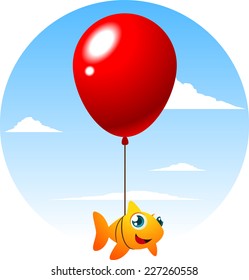 Flying orange and yellow fish tied up to a big red balloon, vector illustration.