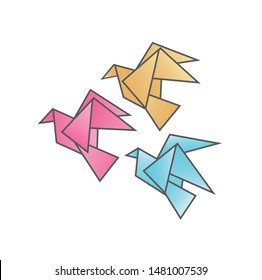 Flying origami birds in pastel gradient colours red turquoise and pink birds