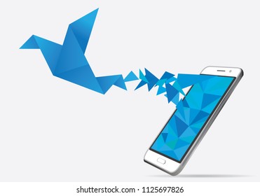 El pájaro azul de origami volador en el smartphone.  con nube blanca para la celebración del Día Internacional de la Paz y el Día de la Tierra. Las aves pueden usar el logotipo o el icono. Pájaro de oro de origen vectorial. Ave de papel volando en el cielo. 