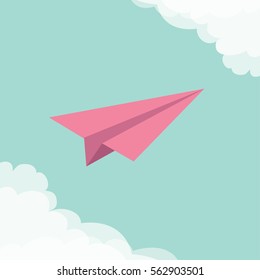 Flying origami paper plane. Cloud in corners frame. Transportation collection. Greeting card Typographical blue sky background. Flat design Vector illustration