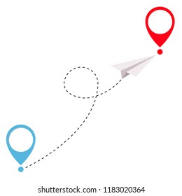 Flying origami paper plane and geolocation mark set. Dash line loop track. Placemark template. Tourist service. Holidays and vacations. On-line tracking. Flat design. White background. Vector