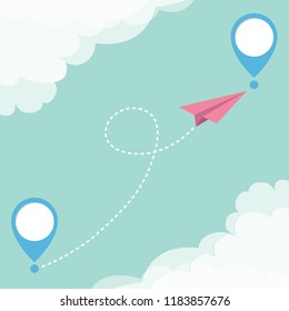 Flying origami paper plane and geolocation mark set. Dash line loop track. Placemark template. Tourist service. Holidays and vacations. On-line tracking. Flat design. Blue sky cloud background. Vector