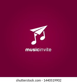 Flying Origami Paper Plane and musical notes tune for music invite message concert invitation  logo design 