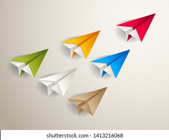 Flying origami plane leading the team group of smaller planes, business leadership concept, vector modern style 3d illustration.