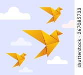 Flying origami yellow bird on blue background with white cloud for International Peace Day and Earth Day celebration. Bird can use logo or icon. Vector Origami Gold Bird. Paper Bird Flying on Heaven.