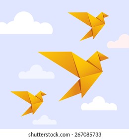 Flying origami yellow bird on blue background with white cloud for International Peace Day and Earth Day celebration. Bird can use logo or icon. Vector Origami Gold Bird. Paper Bird Flying on Heaven.