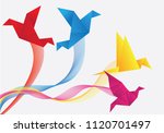 Flying origami yellow, blue, bird on line wave background with white cloud for International. Bird can use logo or icon. Vector Origami Gold Bird. Paper Bird Flying on Heaven.
