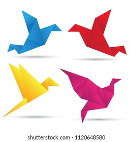 Flying origami yellow, blue, bird background with white cloud for International Peace Day and Earth Day celebration. Bird can use logo or icon. Vector Origami Gold Bird. Paper Bird Flying on Heaven.
