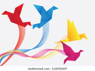 Flying origami yellow, blue, bird on line wave background with white cloud for International. Bird can use logo or icon. Vector Origami Gold Bird. Paper Bird Flying on Heaven.
