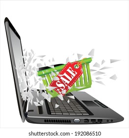 flying out of a broken laptop computer screen-Shopping carts and a sale label isolated on white background