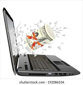 flying out of a broken laptop computer screen-roll of 100 dollars banknotes isolated on white background