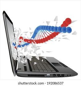 flying out of a broken laptop computer screen-DNA isolated on white background