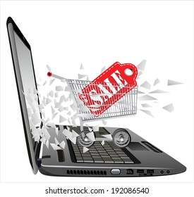 flying out of a broken laptop computer screen-Shopping cart with sale isolated on white background