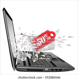 flying out of a broken laptop computer screen-Sale in a shopping cart  isolated on white background