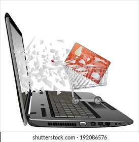 flying out of a broken laptop computer screen-shopping cart and credit card isolated on white background