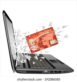 flying out of a broken laptop computer screen-credit card isolated on white background