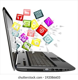 flying out of a broken laptop computer screen-colorful application isolated on white background