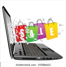 flying out of a broken laptop computer screen-Sale isolated on white background