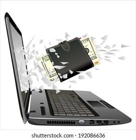 flying out of a broken laptop computer screen-black leather wallet with money isolated on white background