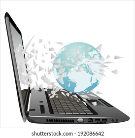 flying out of a broken laptop computer screen-globe isolated on white background